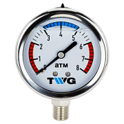 TWG PG 0-8 014S-R. Манометр гидрозаполненный 0-8 атм, подкл. снизу 1/4" рн, корпус нерж. Ø 63 мм