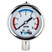 TWG PG 0-8 014S-Rp. Манометр гидрозаполненный 0-8 атм, подкл. снизу 1/4" рв, корпус нерж. Ø 63 мм